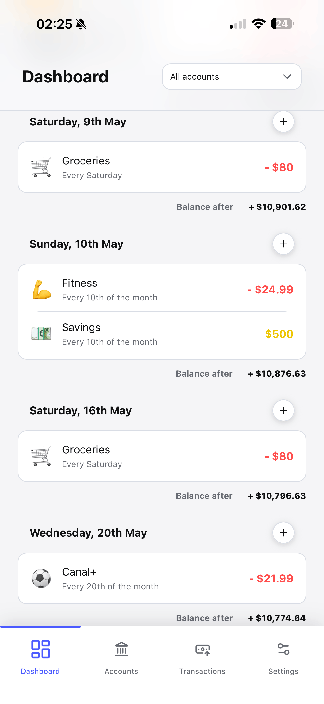 Ampaly monthly transactions screen showing scheduled operations through the month
