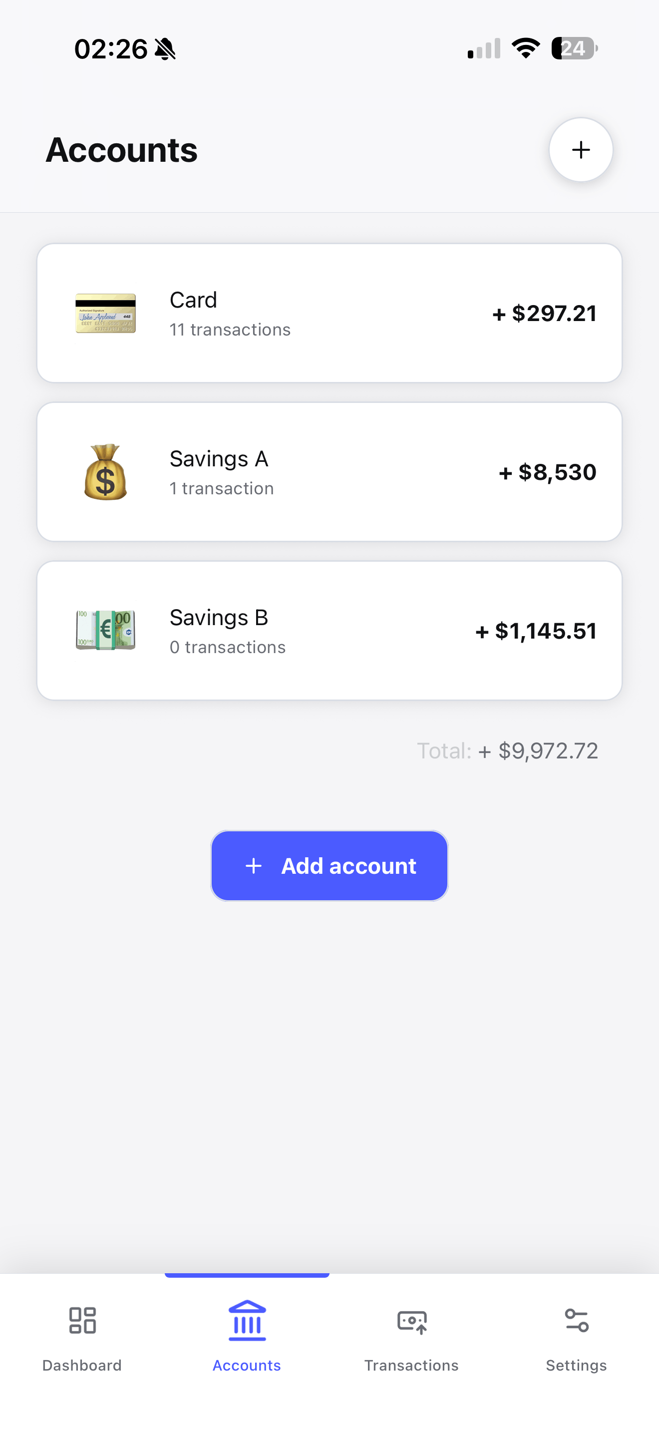 Ampaly accounts screen listing financial accounts and balances
