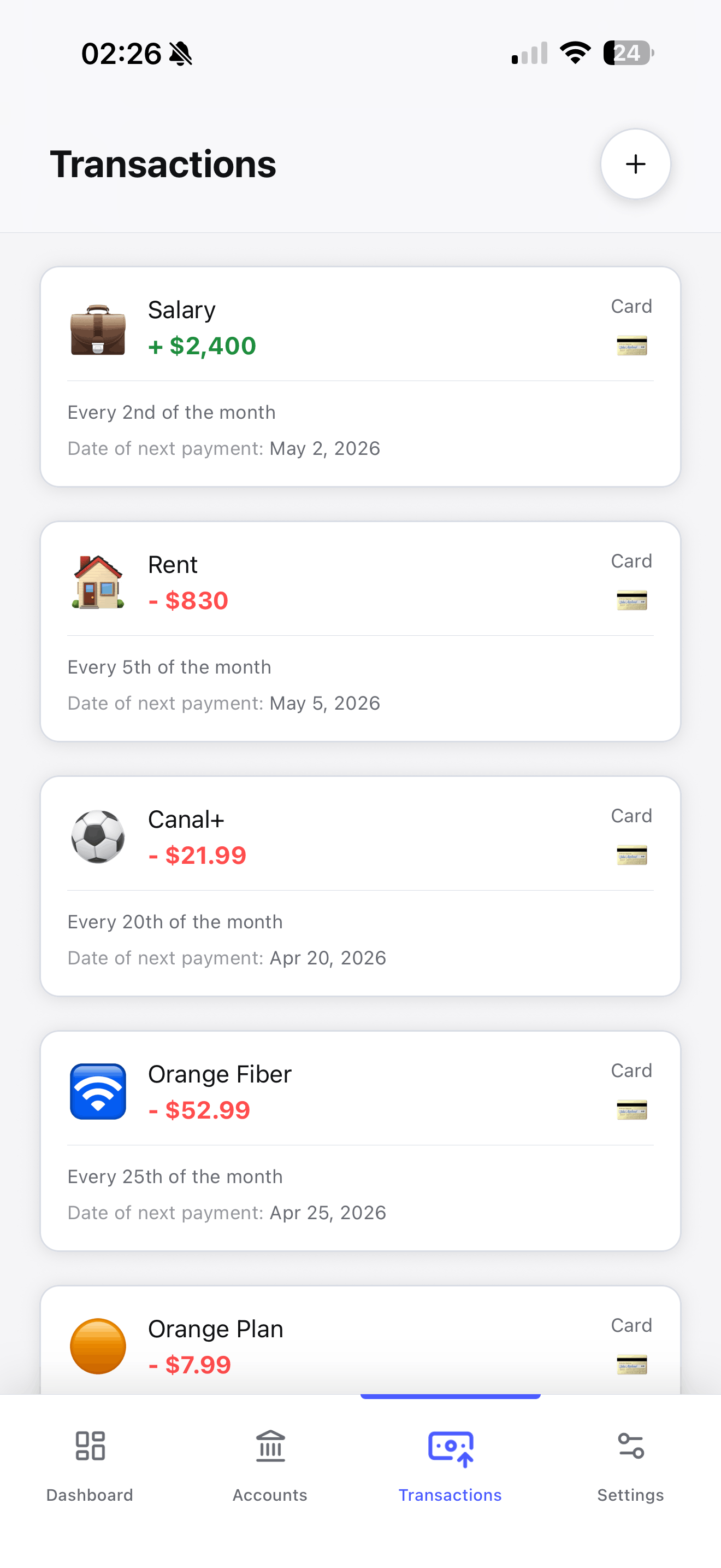 Ampaly transactions screen showing recurring contracts and one-off entries