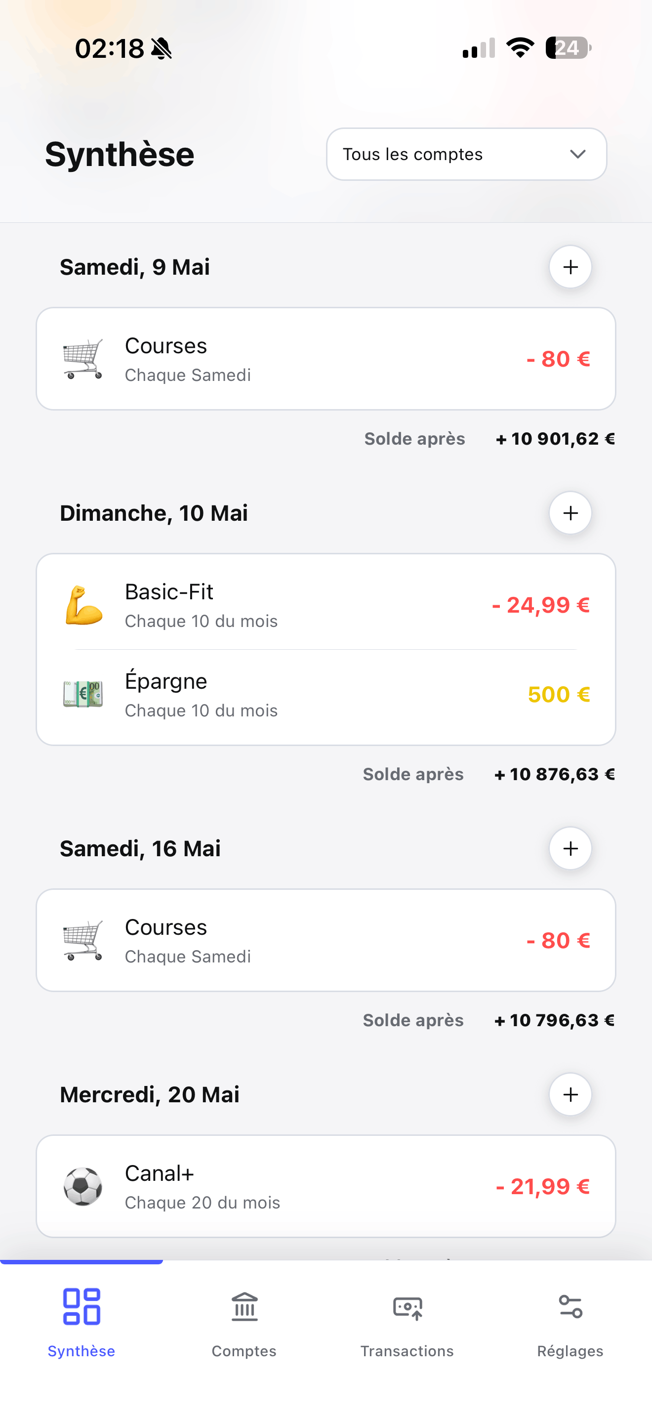 Écran Ampaly affichant les transactions du mois et les opérations planifiées