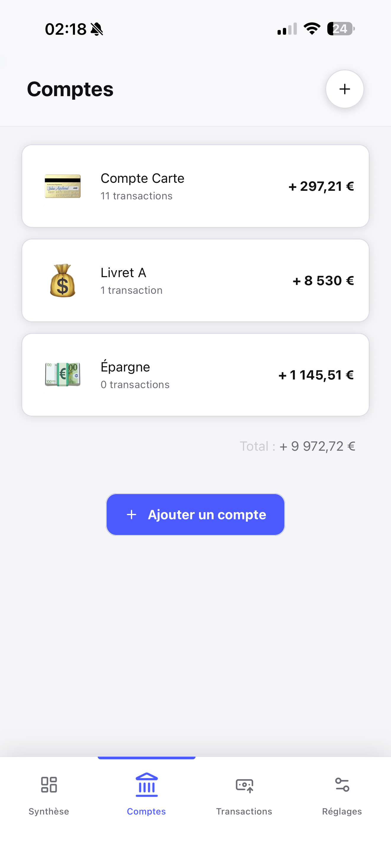 Écran des comptes Ampaly listant les comptes financiers et leurs soldes