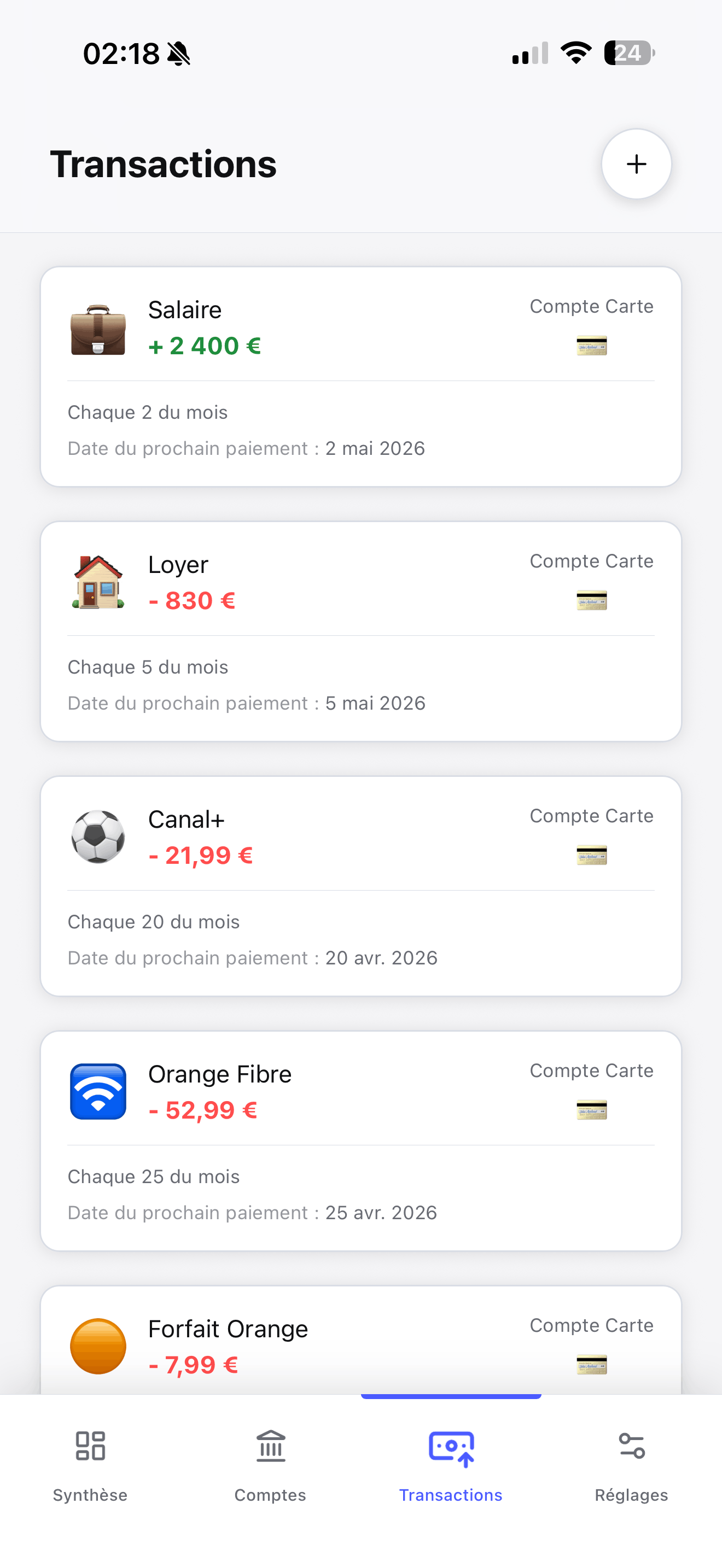 Écran des transactions Ampaly affichant les contrats récurrents et opérations ponctuelles